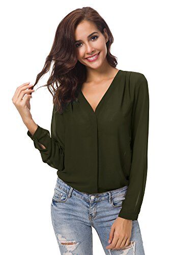 Urban GoCo Donne Camicette Manica Lunga Pieghe Chiffon con Scollo V Colore Puro Camicia Blusa Oliva Verde L