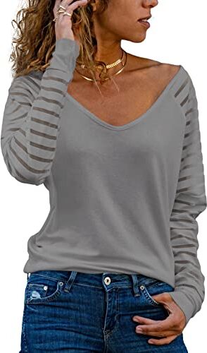 Homlan . Maglietta a maniche lunghe da donna, con scollo a V, in tessuto mesh, elegante, casual, grigio., XXL