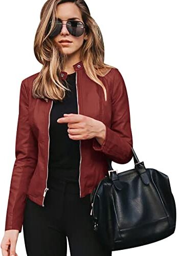 Peuignao Giubbotto Ecopelle Donna Giacca Similpelle Donna Giubbino Giacche Ecopelle Donna Giacca Biker Jacket Faux Leather Jacket Donna Giacca Finta Pelle Sintetica Donna Stand-up Curvy Primavera Rosso 5XL