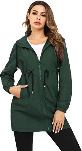 Doaraha Giacca a Vento Impermeabile Donna Lungo, Giacca a Zip Donna Antipioggia con Cappuccio, Giacca Primaverile Casual Leggero con Tasche, Giubbino Antivento a Retina Interna, Verde Scuro, S