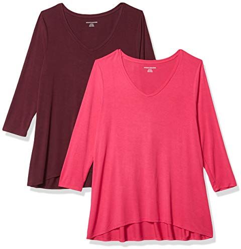 Amazon Essentials T-Shirt Swing con Maniche a 3/4 e Scollo a v (Taglie Forti Disponibili) Donna, Pacco da 2, Rosa Brillante/Bordeaux, S