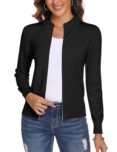 Aottori Cardigan Donna con Zip Maglione Cerniera Leggero Giacca in Maglia Elegante Golfino a Maniche Lunghe Pullover Aperta Casual per Primavera Autunno Invernale Nero L