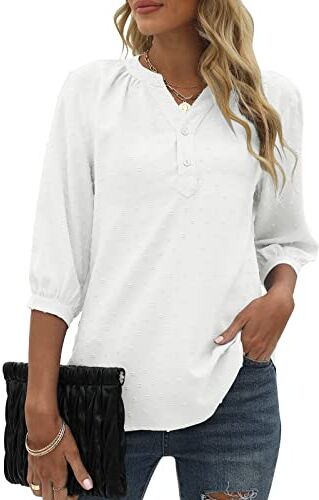 Bequemer Laden Donna Estate Scollo a V Manica 3/4 Camicetta Chic Swiss Dot Tunica Top Casual Pulsante Camicetta, Bianco, M, bianco, M