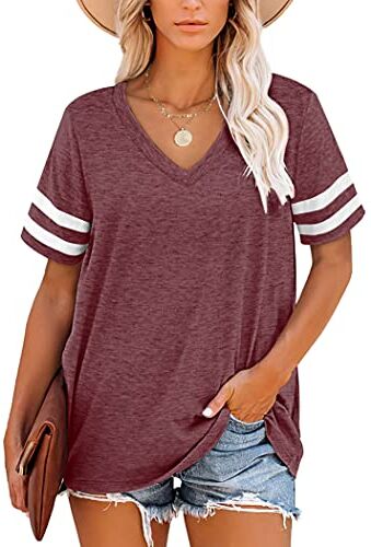 NARRAME T-Shirt da Donna Top Scollo a V a Righe estive Bordeaux da Donna L