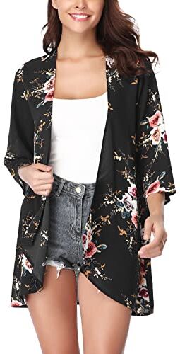 Irevial Cardigan Donna Estiva Copricostume Mare Chiffon Elegante a Maniche 3/4 Kimono Stampato Floreale Spiaggia Blusa Top Traspirante Nero XXL…