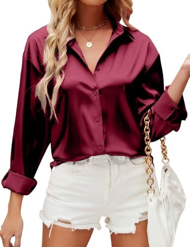 HANERDUN Camicia Donna Elegante Camicia Button Down in Raso di Seta Maglia a Tinta Unita Top