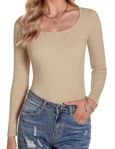 Aottori Maglia Donna a Manica Lunga Maglietta Girocollo Elegante Basic Top Tinta Unita T-Shirt Slim Fit Sexy con vestibilità Classica Albicocca XXL