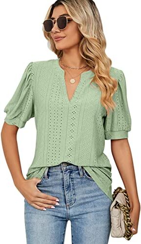 EDOTON Donna Maglietta Corte Scollo a V Camicetta Casual Estate Solida Hollow Bubble Sleeves Maglia Loose Tops Donna T-Shirts (XL,A Verde Chiaro)