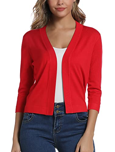 EXCHIC Donna Elegante 3/4 Maniche Bolero Cardigan Corto Open Front Maglioni Coprispalle (XXL, Rosso)