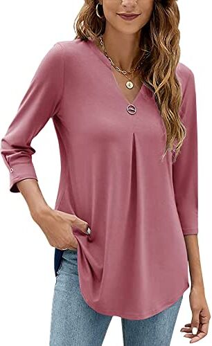 HANERDUN Camicetta Donna Manica a 3/4 Blusa Camicia con Scollo a V Tinta Unita Top Tunica Elegante