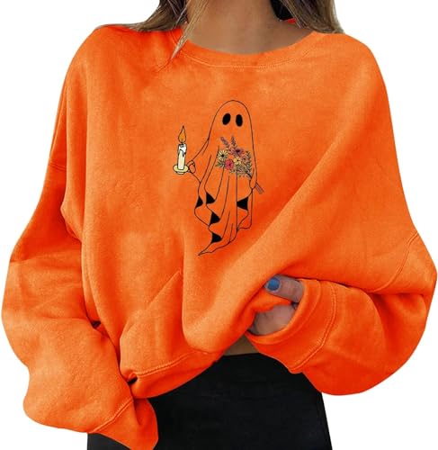 DELURA Felpa da donna con stampa O collo con stampa di Halloween, pullover, top, camicie casual da allenamento a maniche lunghe, camicetta ampia/386 (Color : A12-orange, Size : XX-Large)