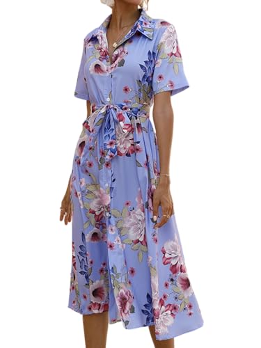 Wooauto Abito da donna con bottoni, abito midi avvolgente estivo con stampa floreale, stile boho, maxi abito monopetto, casual, da donna, Viola, Medium