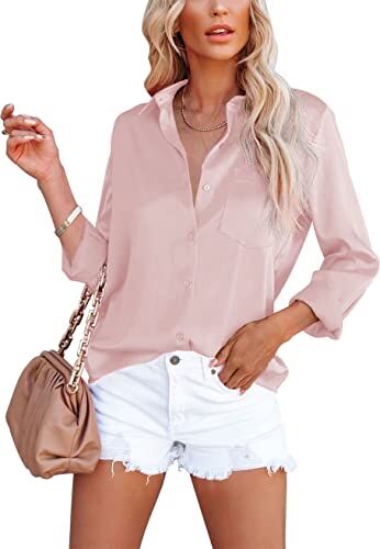 Homlan Camicia da donna elegante con scollo a V, in raso, a maniche lunghe, casual, con tasca sul petto, Colore: rosa., M