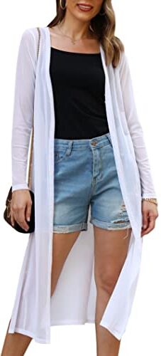 Gyabnw Cardigan Donna Lungo con Manica Lunga Leggero e Traspirante per Primavera Estivo Sexy Elegante Giacca Trasparente Casual Tinta Unita Coprispalle Copricostume Mare Bianco