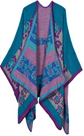 Hanyixue Sciarpa Donna Poncho Capes Elegant Scialle Cardigan Maglione Cappotto Poncho Donna Mantella Maglione Largo Moda Scollo a V Aperto Cape Poncho (Flower Blue#02)