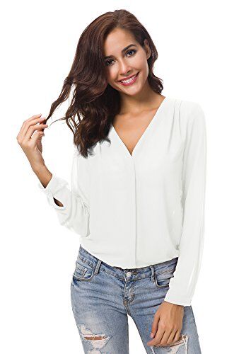 Urban GoCo Donne Camicette Manica Lunga Pieghe Chiffon con Scollo V Colore Puro Camicia Blusa Bianco S