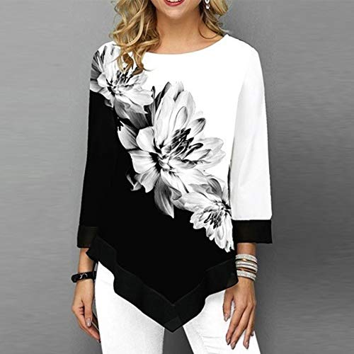 SHUAIGUO Camicetta stampata floreale donna moda Plus Size maniche 3/4 orlo irregolare o collo primavera t-shirt magliette casual