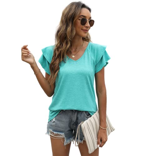 EDOTON Donna Maglietta Corte Scollo a V Camicetta Casual Estate Solida Hollow Bubble Sleeves Maglia Loose Tops Donna T-Shirts (XL,B Verde Chiaro)