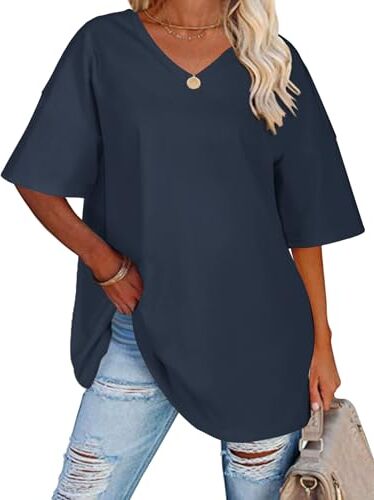 heekpek T Shirt Donna Cotone Scollo a V Oversize Magliette Donna Manica Corta Estive Casual Classica Tee Shirt Top, Blu Navy, XXL