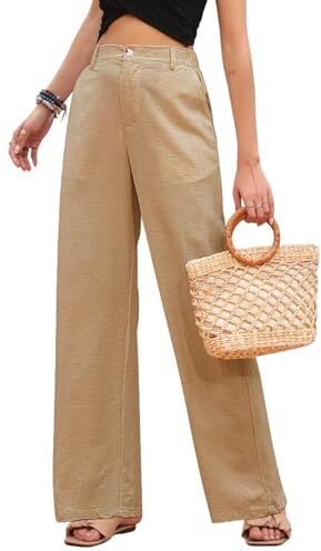 heekpek Pantaloni Lino Donna Estivi Vita Alta Comodi Leggero Pantaloni Larghi Donna Eleganti Pantaloni Gamba Dritta Donna Pantaloni Casual Spiaggia con Tasca, Cachi, XXL