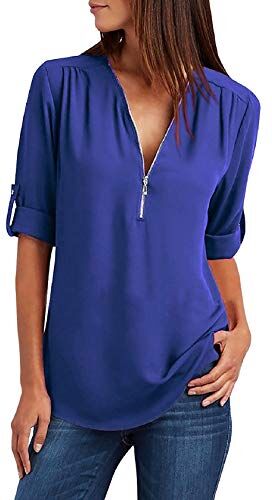 Tuopuda Magliette Donna Estive Camicette Manica Lunga Camicia Elegante Blusa Moda T-Shirt Scollo a V Top con Cerniera Tee Maglietta Casual Shirt Tinta Unita Pullover Taglie Forti, Blu, L