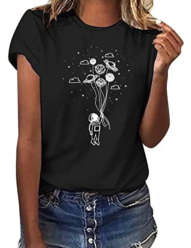 Yuson Girl Magliette Donna Manica Corta Amore/Pianeta Astronauta T-Shirt Cotone Maglietta Elegante Donna Casual Stretch Sciolto Top Magliette Estive con Girocollo Blusa Taglie Forti(Nero 02, M)