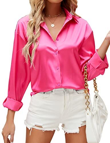 HANERDUN Camicia Donna Elegante Camicia Button Down in Raso di Seta Maglia a Tinta Unita Top