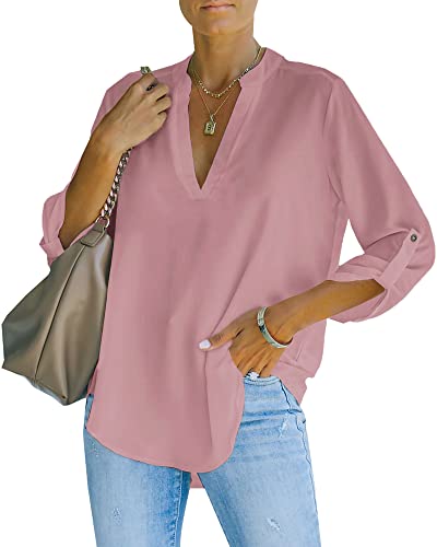 NONSAR Camicetta da donna Henley, elegante, con scollo a V, maniche arrotolabili, in stile casual, Colore: rosa., XXL