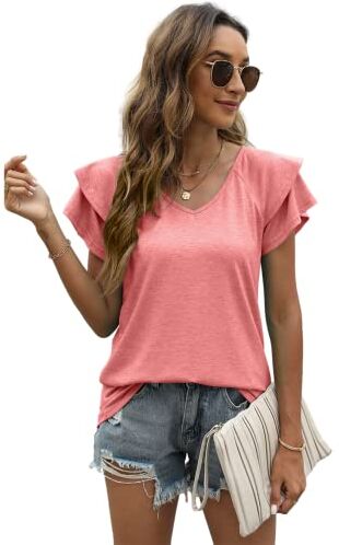 EDOTON Donna Maglietta Corte Scollo a V Camicetta Casual Estate Solida Hollow Bubble Sleeves Maglia Loose Tops Donna T-Shirts (S,B Rosa)