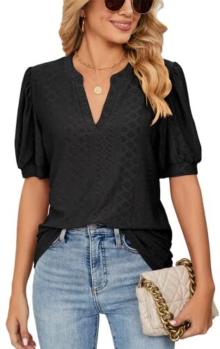 EDOTON Donna Maglietta Corte Scollo a V Camicetta Casual Estate Solida Hollow Bubble Sleeves Maglia Loose Tops Donna T-Shirts (XL,A Nero)