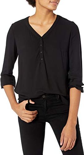 Amazon Essentials Camicia Popover con Maniche a 3/4 Donna, Nero, S