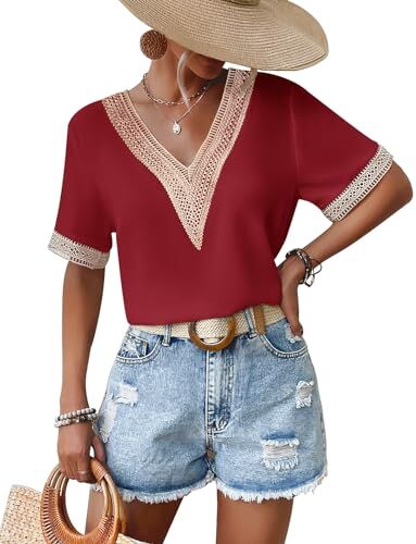 Yuson Girl Camicia Donna Maglietta Chiffon Donna Manica Corta con Bordi in Pizzo Estiva Camicetta con Scollo a V Elegante Blusa Top Tinta Unita Shirt Classico Bluse Casual Maglia(Rosso, XL)