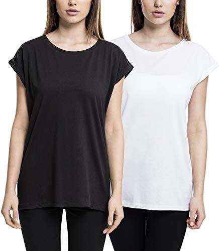 Urban Classics Ladies Extended Shoulder Tee, Maglietta a Maniche Corte Donna, Nero/Bianco (Black/White 00050), XS (Confezione da 2)