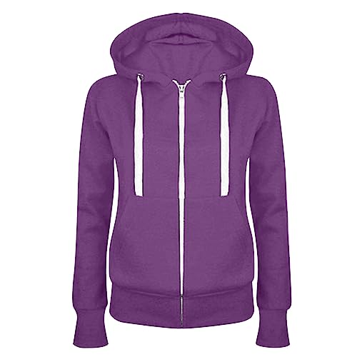 Masrin Felpa da donna Full Zip Giacca per le mezze stagioni, in tinta unita, con cappuccio, giacca college leggera, con cappuccio, in cotone, viola scuro, XL