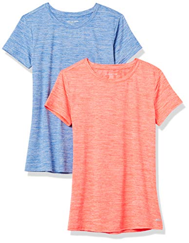 Amazon Essentials Maglietta girocollo a maniche corte elasticizzata da donna, taglie forti (disponibile in taglie forti), confezione da 2, arancione corallo/azzurro, tinta spaziale, XL