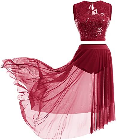 IBTOM CASTLE Abito da Ballo Lirico in Pizzo Floreale da Donna Vestito Pattinaggio Artistico Paillettes Latino Americano Frange per Vestiti Leotard Body Ginnastica Artistica Ragazza e Donne Vino Rosso XS