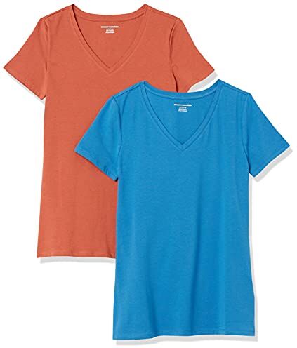 Amazon Essentials T-Shirt con Scollo a v a Maniche Corte con vestibilità Classica Donna, Pacco da 2, Terracotta/Blu, L