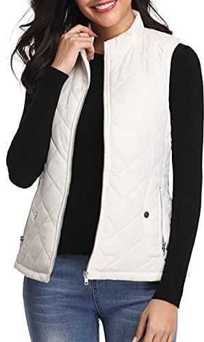 fuinloth Gilet Donna Smanicato Invernale Panciotto Dritto Collarei Giacche Ultraleggeri Senza Maniche Giacca con Tasca con Cerniera Bianco XL