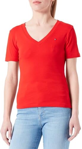 Tommy Hilfiger T-shirt Maniche Corte Donna New Slim Cody V-Neck Scollo a V, Rosso (Fierce Red), S