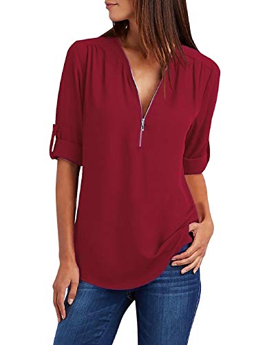 Tuopuda Magliette Donna Estive Camicette Manica Lunga Camicia Elegante Blusa Moda T-Shirt Scollo a V Top con Cerniera Tee Maglietta Casual Shirt Tinta Unita Pullover Taglie Forti, Rosso, S