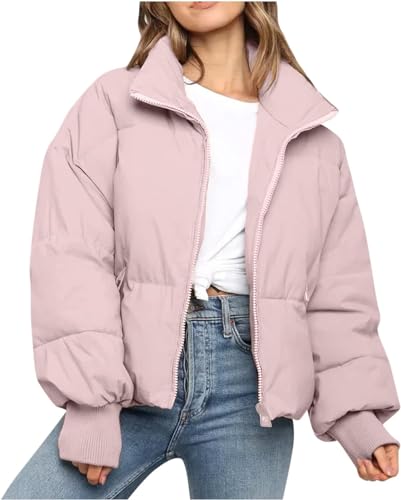 CROKZ Piumino invernale da donna corto con zip intera manica lunga tasca calda trapuntata imbottita a bolle cappotto / 210 (Color : #2 Pink, Size : Large)