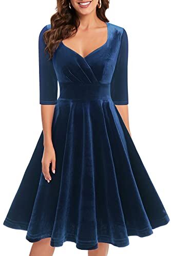 Bbonlinedress Velluto Abito delle Donne Elegante al Ginocchio Scollo a V Manica Lunga Abiti Invernali Abiti Festivi Partito Abito Cocktail Abiti di Natale Navy XL