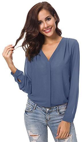 Urban GoCo Donne Camicette Manica Lunga Pieghe Chiffon con Scollo V Colore Puro Camicia Blusa (XL, Blu grigiastro)