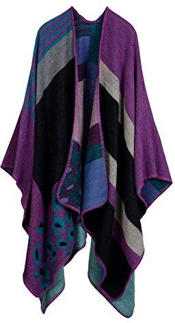 Hanyixue Sciarpa Donna Poncho Capes Elegant Scialle Cardigan Maglione Cappotto Poncho Donna Mantella Maglione Largo Moda Scollo a V Aperto Cape Poncho (Leopard Purple-01c)