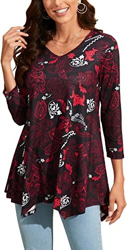 Enmain Maglietta Donna Tunica Scollo V Maniche a 3/4 Top Maglia Manica Lunga Taglie Forti Magliette Donna Elegant Camicetta con Stampata,Rosso,3XL