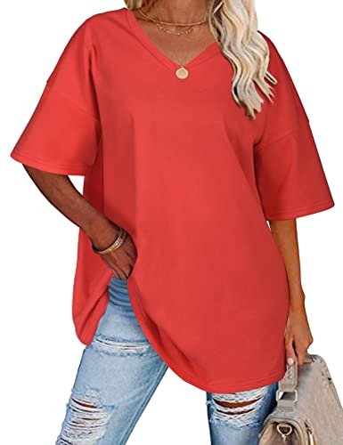 heekpek T Shirt Donna Cotone Scollo a V Oversize Magliette Donna Manica Corta Estive Casual Classica Tee Shirt Top, Rosso, M