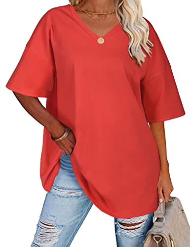 TOMEEK T-Shirt Donna Maglietta con Scollo a V Camicie Estive a Maniche Corte Casual Basic Top Camicetta Cotone Allentata a Spalla Larga, Rosso, Taglia XL