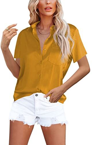 Homlan Camicia da Donna Elegante con Scollo a V, in Raso, a Maniche Corte, Casual, con Tasca sul Petto, Giallo., XL