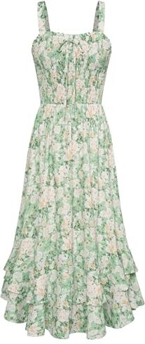 GRACE KARIN Donne Vestito Vintage a Vita Alta Elegante a Sera Eleganti Abito da Cocktail Spalline Sottili Verde Fiori Bianco M