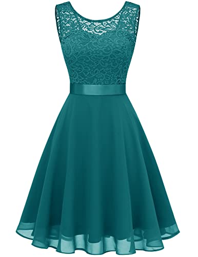 Berylove Abito da Donna in Pizzo Damigella d'Onore Elegante Abito da Cocktail Lunghezza al Ginocchio in Chiffon Senza Maniche 05 Verde Pavone M